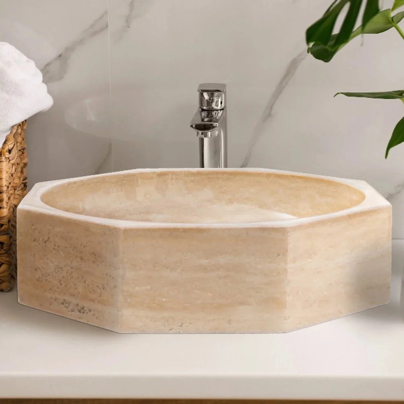 TCSC | Light Beige Travertine Octagon Above Vanity Bathroom Vessel Sink Polished