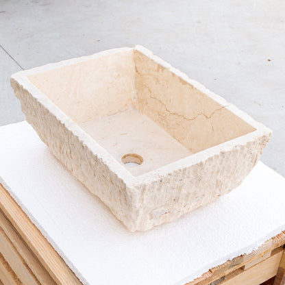 TCSC | Troia Light Rustic Travertine Rectangular Above Vanity Bathroom Sink Hand Chiseled Exterior