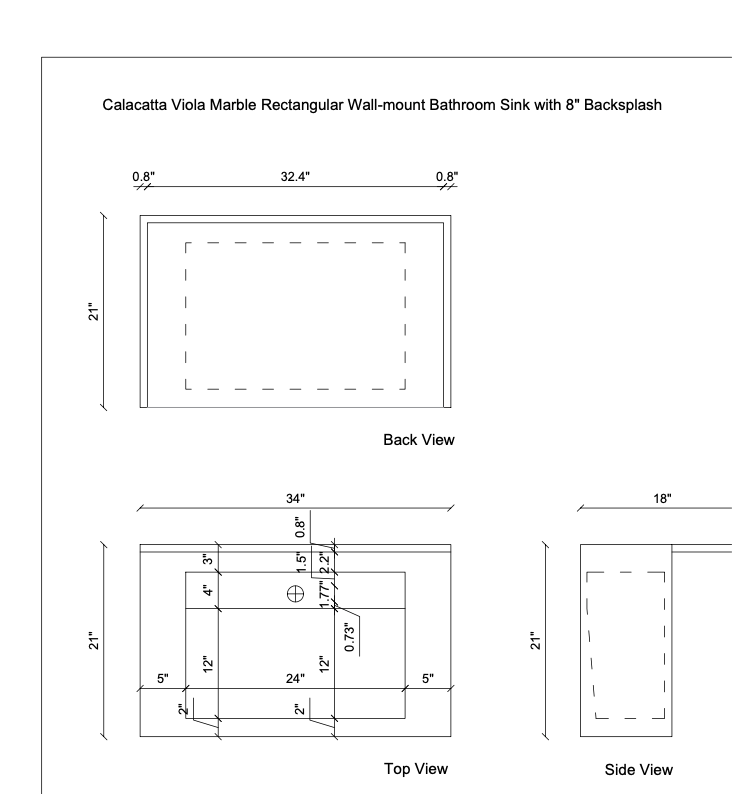 TCSC | Calacatta Viola Marble Rectangular Wall-mount Bathroom Sink with 8" Backsplash (W)21" (L)34" (H)10"