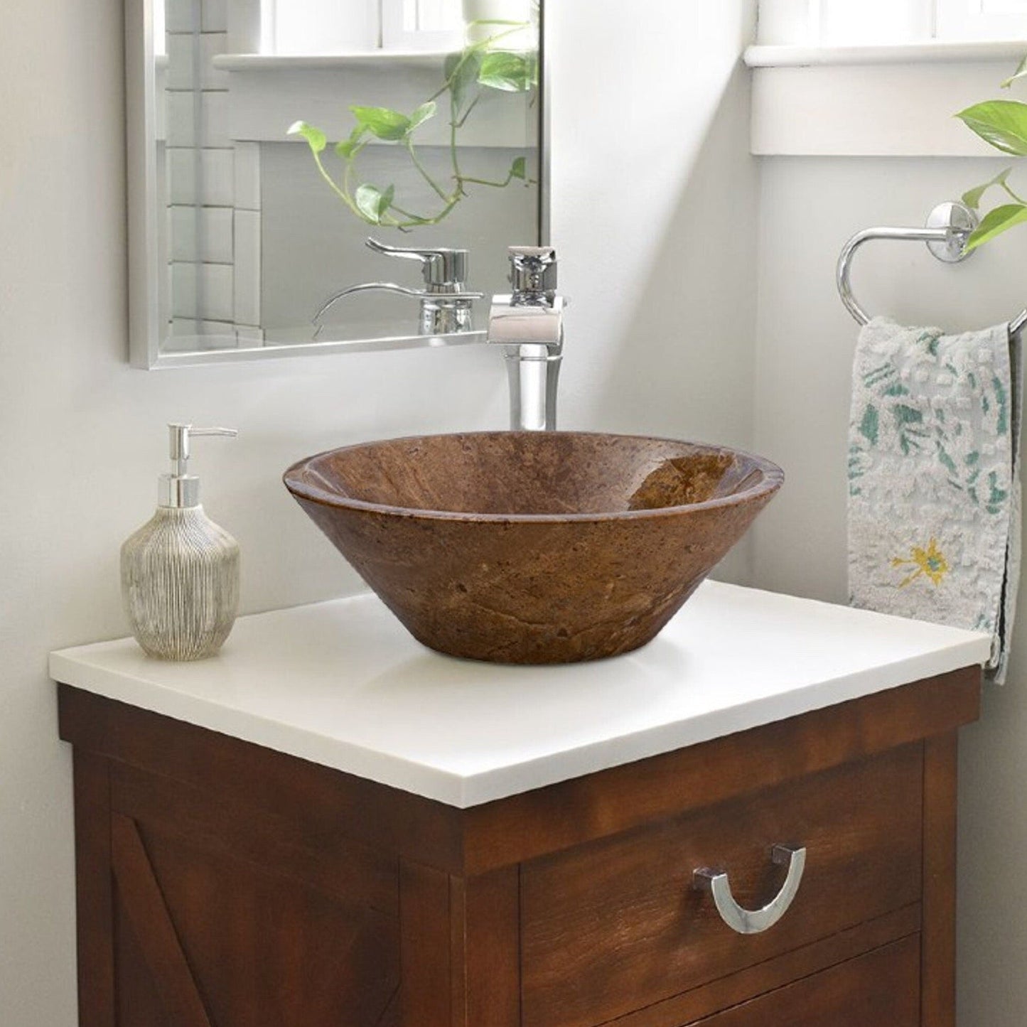 TCSC | Noce Brown Travertine Powder Room Above Vanity V-Shape Tapered Sink (D)16" (H)6"