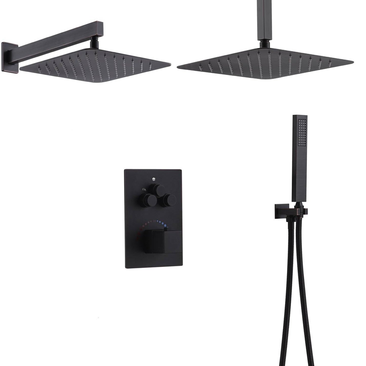 12-Inch Non-LED Light Ceiling Mounted Oil Rubbed Bronze 3-Way Thermostatic Shower Faucet System with Wall Mount 12-Inch Rainfall Shower Head