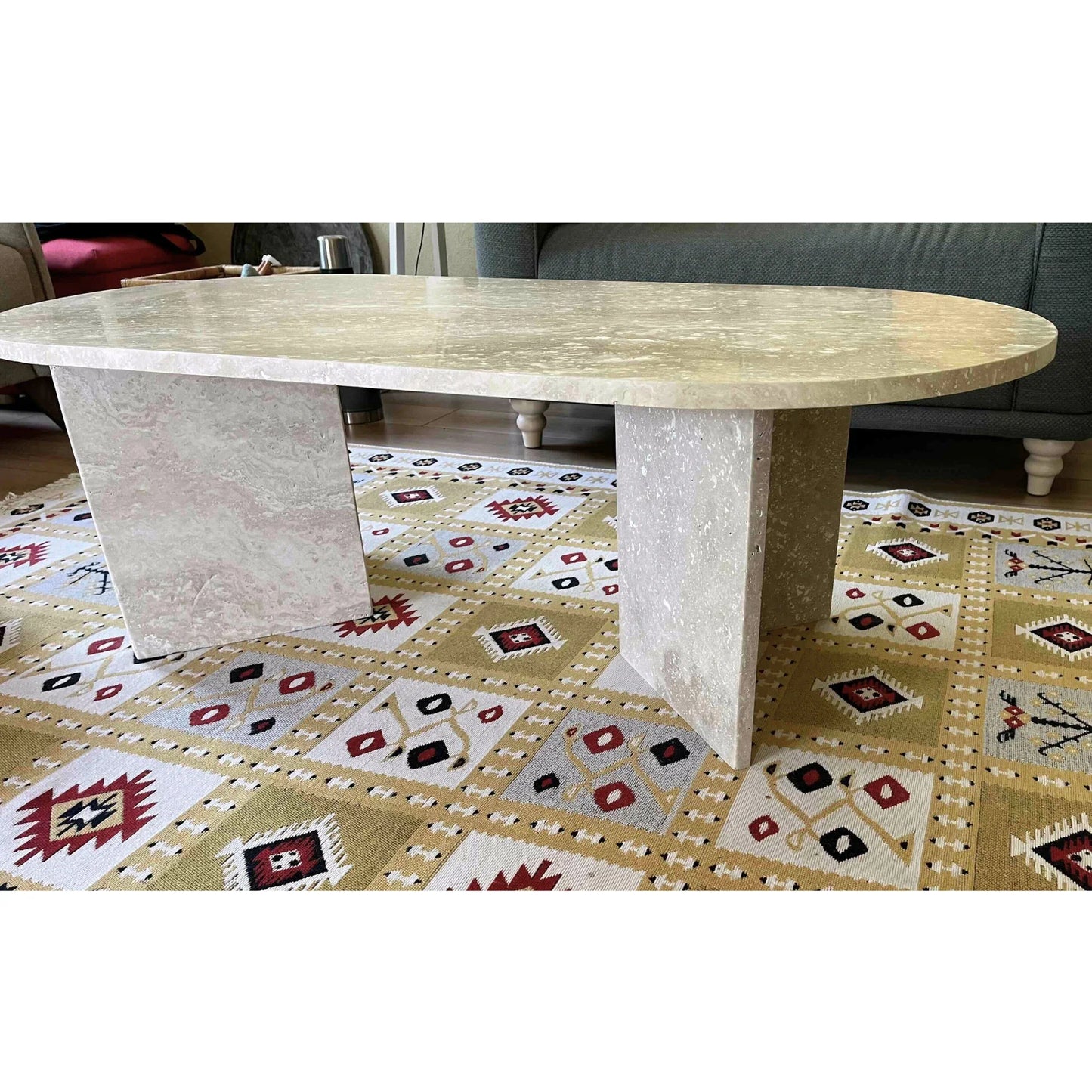 TCSC | Troia Light Travertine Oval Shape Coffee Table Filled and Polished (W)24" (L)48" (H)16"