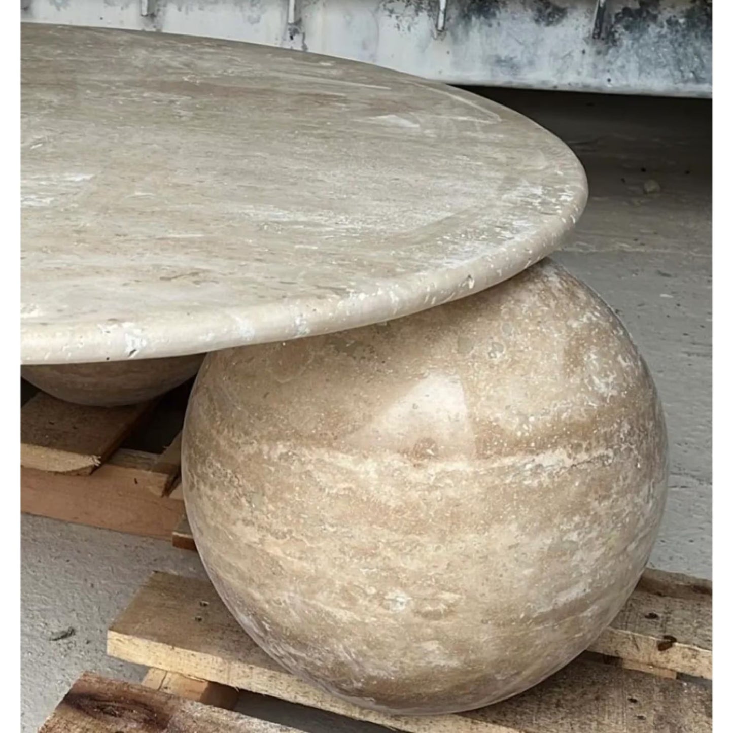 TCSC | Troia Light Travertine Round Designer Coffee Table with Sphere Legs