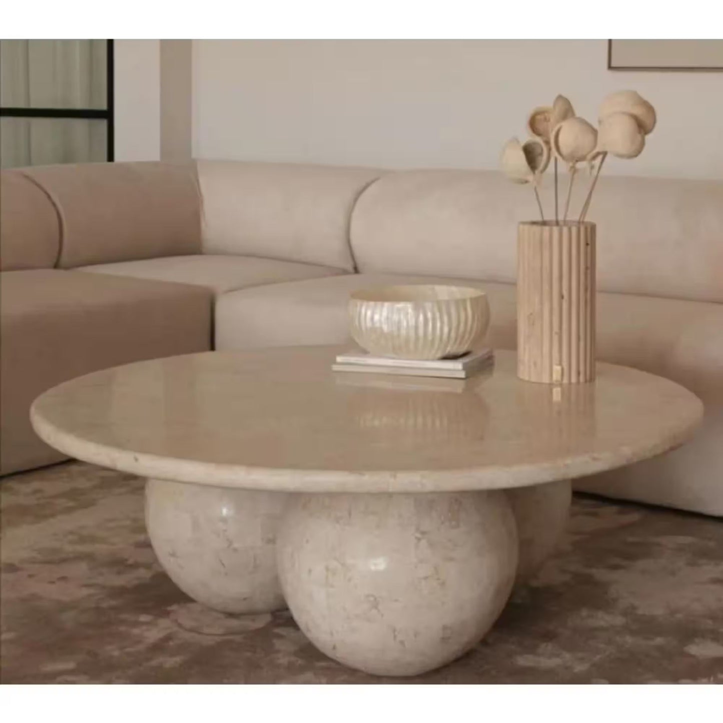 TCSC | Troia Light Travertine Round Designer Coffee Table with Sphere Legs