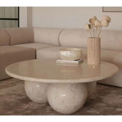 TCSC | Troia Light Travertine Round Designer Coffee Table with Sphere Legs