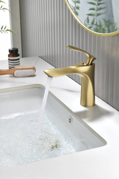 Brushed Gold Bathroom Sink Faucet single handle with pop up non-overflow brass drain