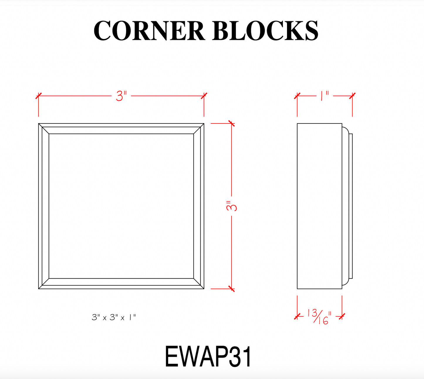 EWAP31 Casing Corner Block 1 inch x 3 inch Square