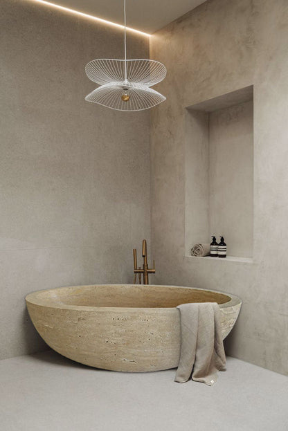 TCSC | Troia Light Travertine Bathtub Hand-carved from Solid Marble Block (W)32" (L)70" (H)20"