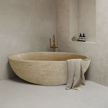 TCSC | Troia Light Travertine Bathtub Hand-carved from Solid Marble Block (W)32" (L)70" (H)20"