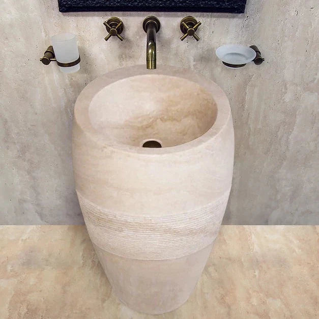 TCSC | Troia Light 3 piece Travertine Pedestal Stand-alone Sink Curved Honed (D)16" (H)33.5"