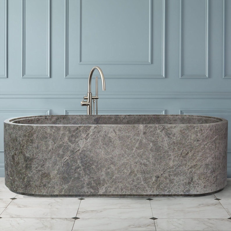 TCSC | Tundra Gray Marble Bathtub Hand-carved from Solid Marble Block (W)29.5" (L)67" (H)19.5"