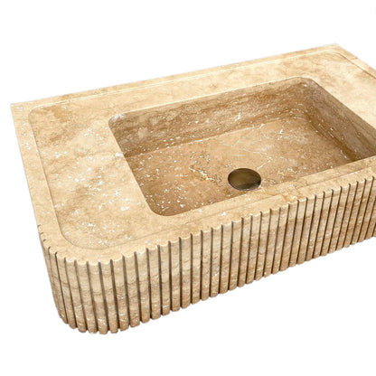 TCSC | Tuscany Walnut Travertine Wall-mount Bathroom Vanity Sink Ribbed Textured Front