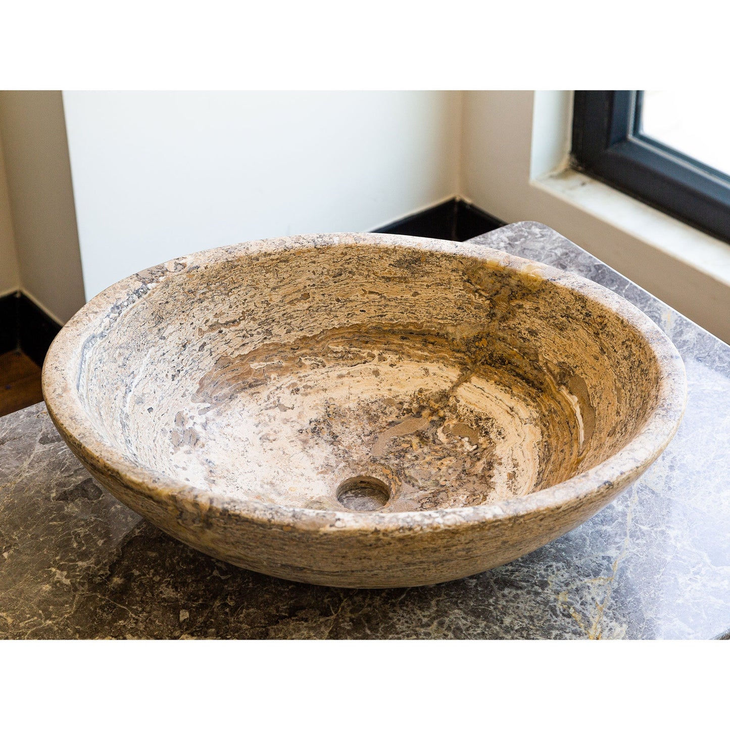 Valencia Travertine Natural Stone Above Vanity Oval Vessel Sink (W)16" (L)21" (H)6"