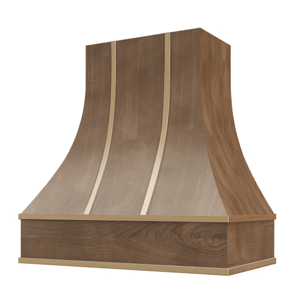 Riley & Higgs American Walnut Range Hood With Curved Front, Brass Strapping and Block Trim - 30", 36", 42", 48", 54" and 60" Widths Available