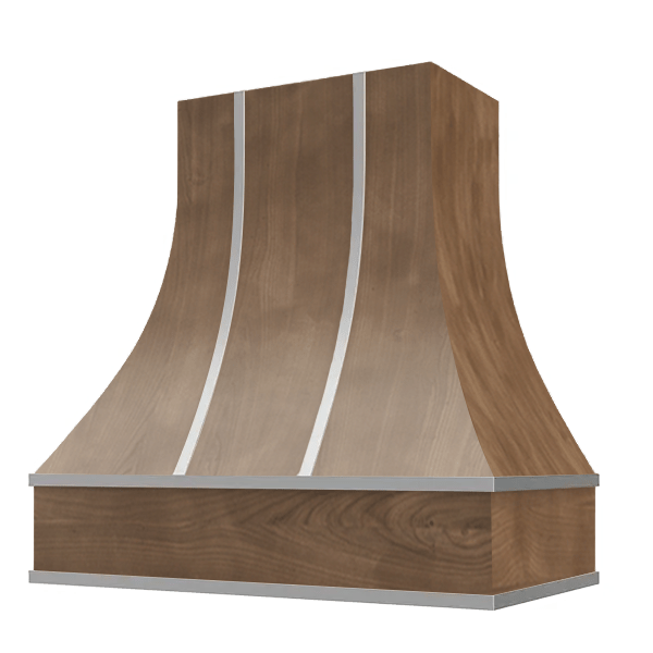 Riley & Higgs American Walnut Range Hood With Curved Front, Silver Strapping and Block Trim - 30", 36", 42", 48", 54" and 60" Widths Available