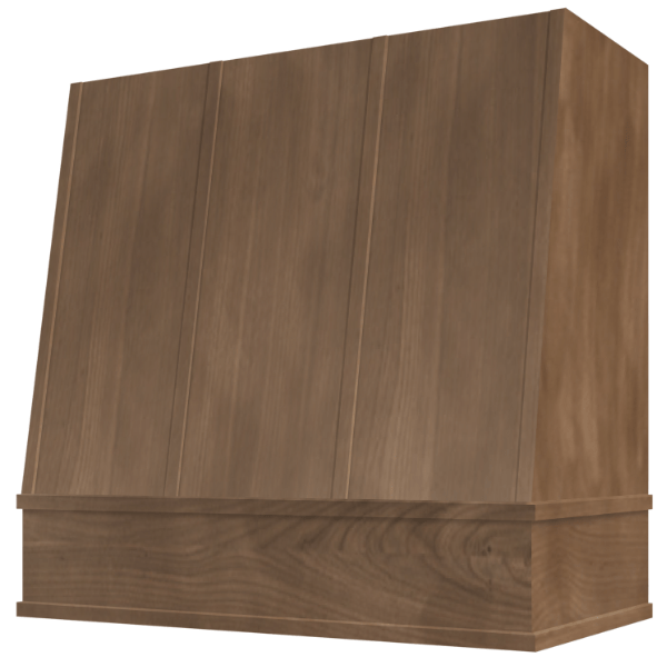 Riley & Higgs American Walnut Wood Range Hood With Angled Strapped Front and Block Trim - 30", 36", 42", 48", 54" and 60" Widths Available
