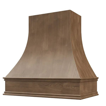 Riley & Higgs American Walnut Wood Range Hood With Curved Front and Decorative Trim - 30" 36" 42" 48" 54" and 60" Widths Available