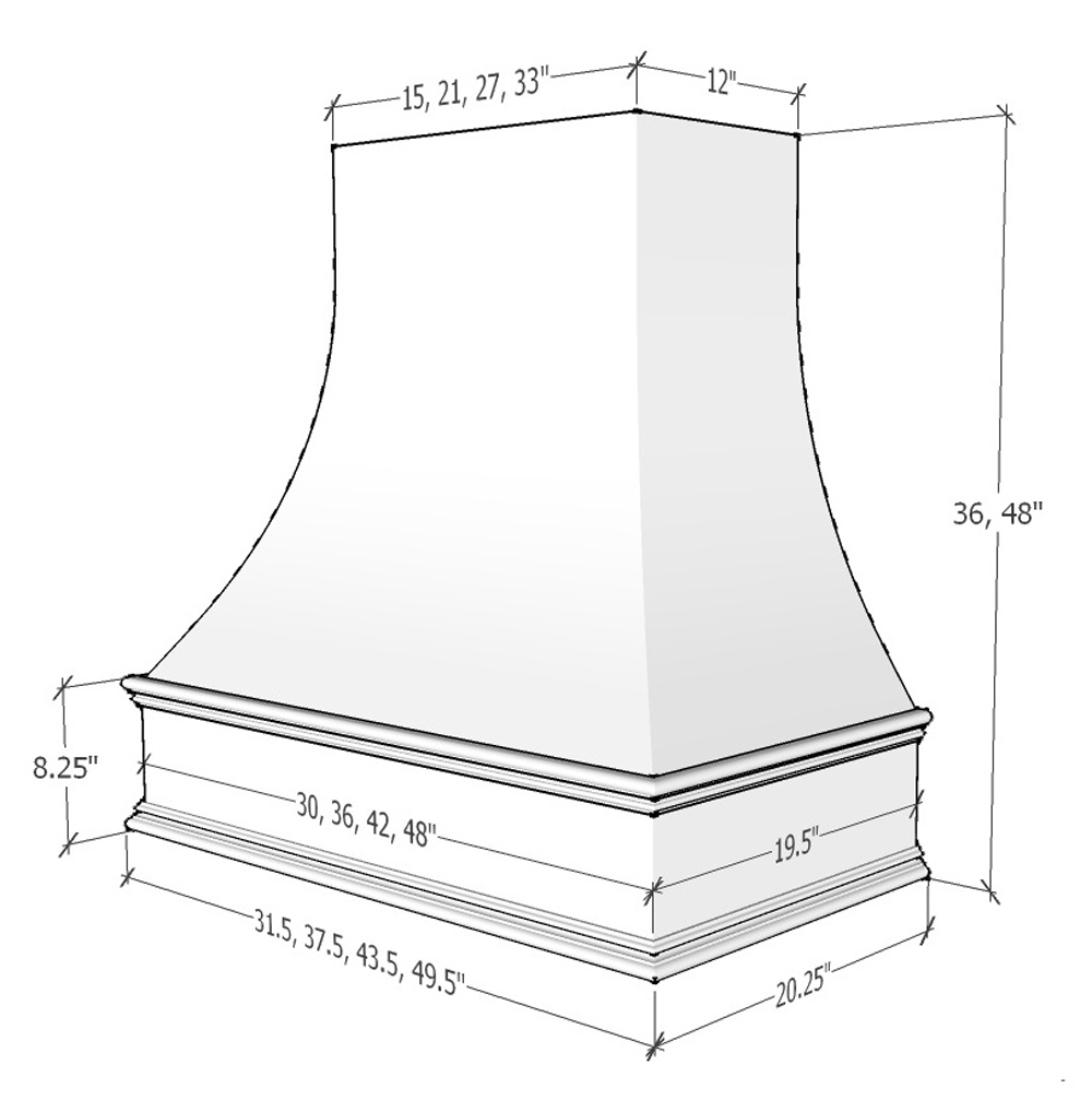 Riley & Higgs American Walnut Wood Range Hood With Curved Front and Decorative Trim - 30" 36" 42" 48" 54" and 60" Widths Available