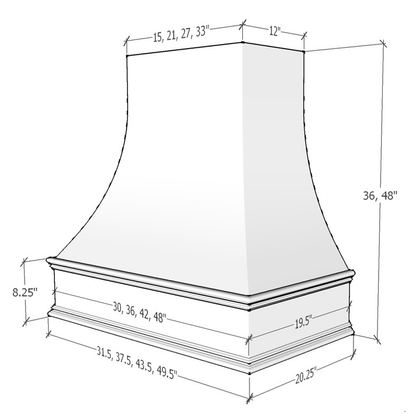 Riley & Higgs American Walnut Wood Range Hood With Curved Front and Decorative Trim - 30" 36" 42" 48" 54" and 60" Widths Available