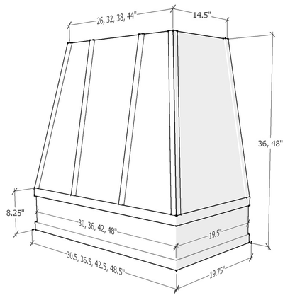 Riley & Higgs American Walnut Wood Range Hood With Tapered Strapped Front and Block Trim - 30", 36", 42", 48", 54" and 60" Widths Available