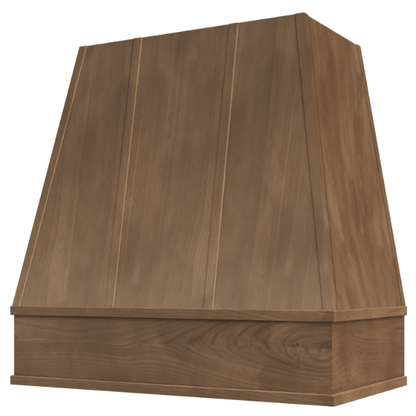 Riley & Higgs American Walnut Wood Range Hood With Tapered Strapped Front and Block Trim - 30", 36", 42", 48", 54" and 60" Widths Available