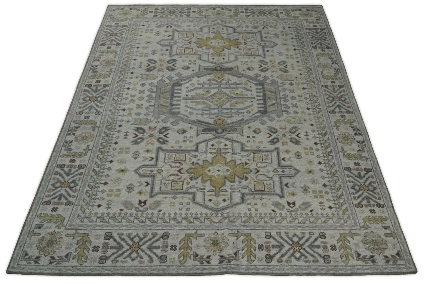 Vintage Distressed Turkish Hand Knotted Serapi Silver, Gray and Olive Traditional Custom Made wool Area Rug