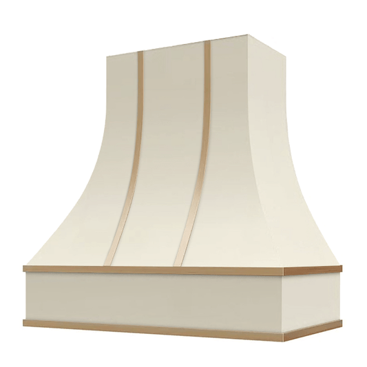 Riley & Higgs Antique White Range Hood With Curved Front, Brass Strapping and Block Trim - 30", 36", 42", 48", 54" and 60" Widths Available