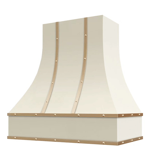 Riley & Higgs Antique White Range Hood With Curved Front, Brass Strapping, Buttons and Block Trim - 30", 36", 42", 48", 54" and 60" Widths Available