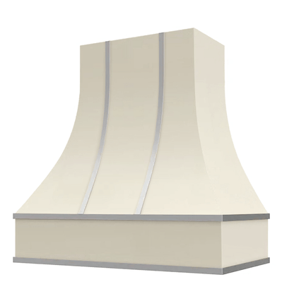 Riley & Higgs Antique White Range Hood With Curved Front, Silver Strapping and Block Trim - 30", 36", 42", 48", 54" and 60" Widths Available