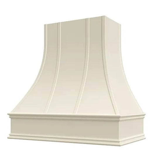 Riley & Higgs Antique White Range Hood With Curved Strapped Front and Decorative Trim - 30", 36", 42", 48", 54" and 60" Widths Available