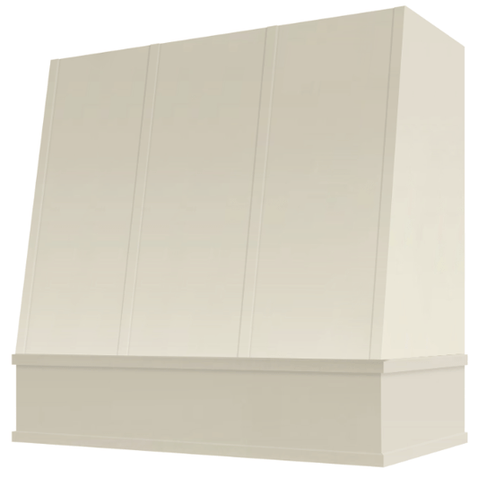 Riley & Higgs Antique White Wood Range Hood With Angled Strapped Front and Block Trim - 30", 36", 42", 48", 54" and 60" Widths Available