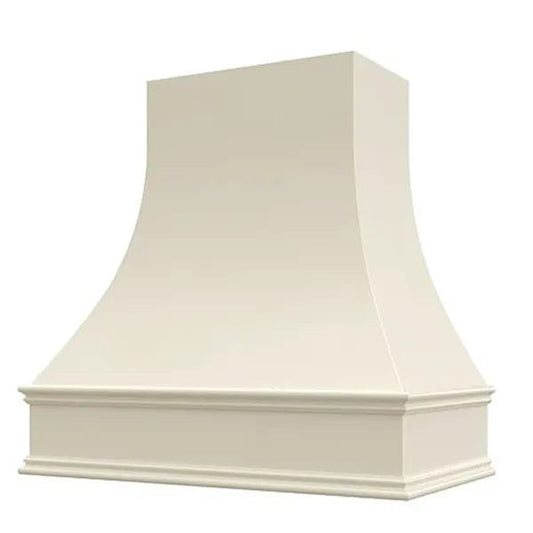 Riley & Higgs Antique White Wood Range Hood With Curved Front and Decorative Trim - 30" 36" 42" 48" 54" and 60" Widths Available