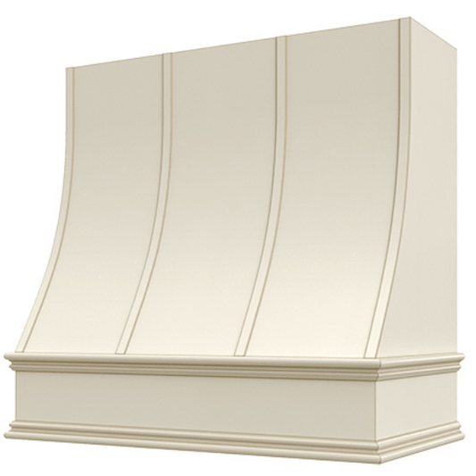 Riley & Higgs Antique White Wood Range Hood With Sloped Strapped Front and Decorative Trim - 30", 36", 42", 48", 54" and 60" Widths Available