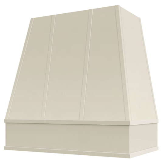 Riley & Higgs Antique White Wood Range Hood With Tapered Strapped Front and Block Trim - 30", 36", 42", 48", 54" and 60" Widths Available