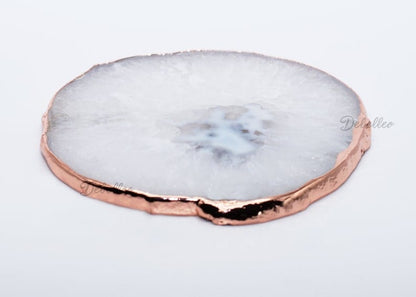 debelleo Barware White Agate Geode Coaster Natural Cut with Plated Edge