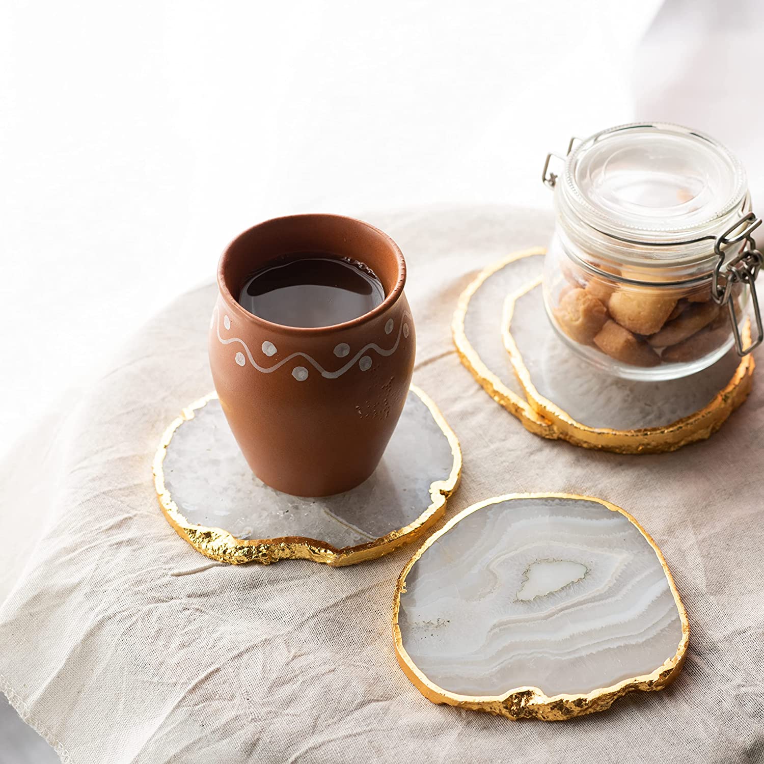 White Agate Geode Coaster Natural Cut with Plated Edge The