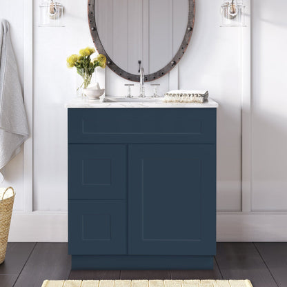 Riley & Higgs Bathroom Vanity 30 Inch Navy Blue Shaker Single Sink Bathroom Vanity with Drawers on the Left