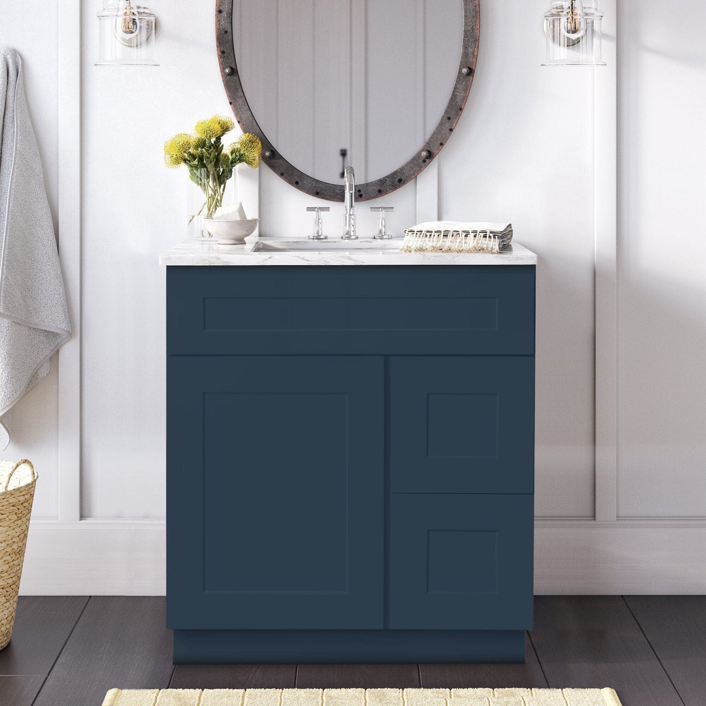 Riley & Higgs Bathroom Vanity 30 Inch Navy Blue Shaker Single Sink Bathroom Vanity with Drawers on the Right