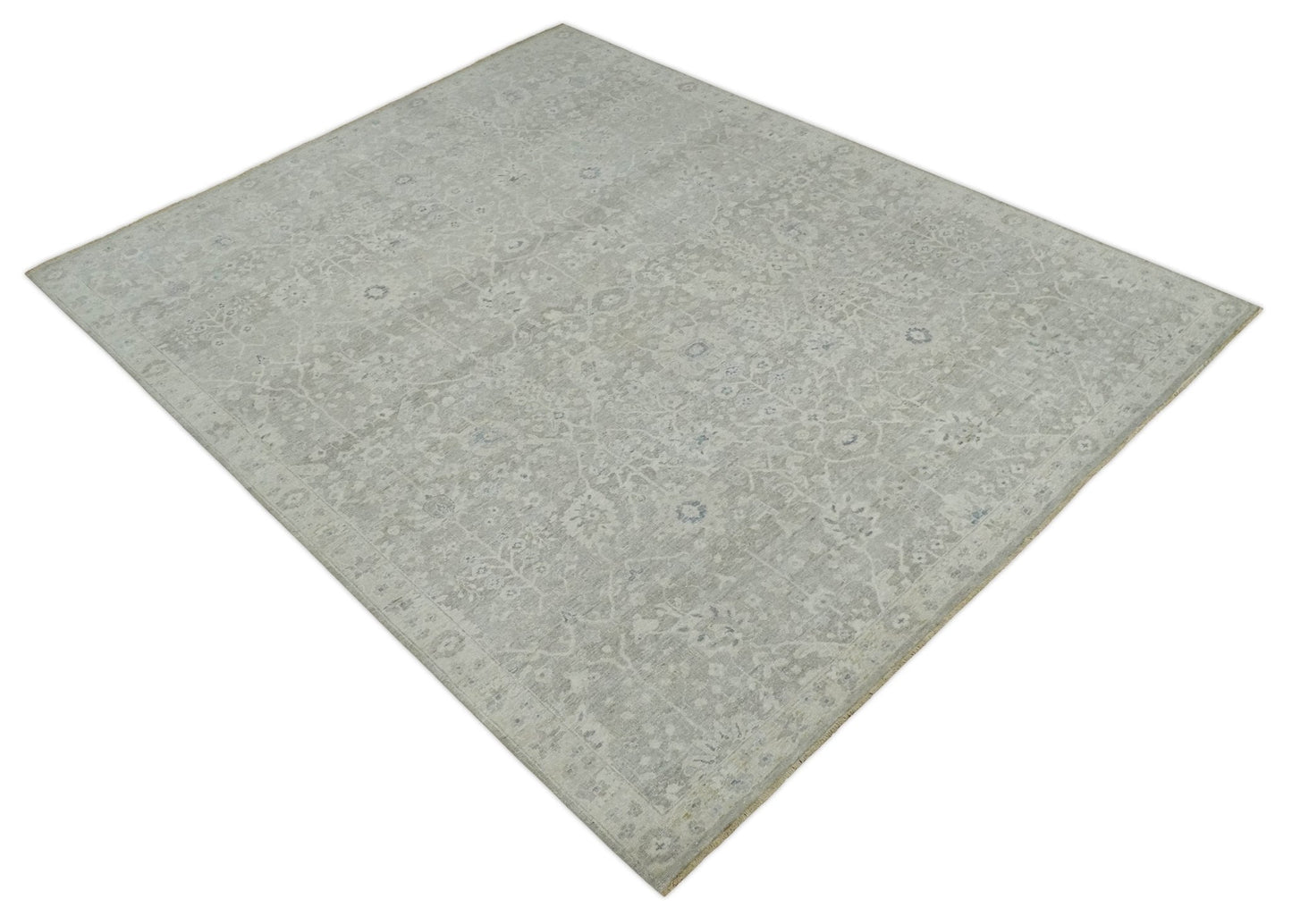 Beige and Silver Custom Made Antique Style Distressed Finished Low Pile wool Area Rug