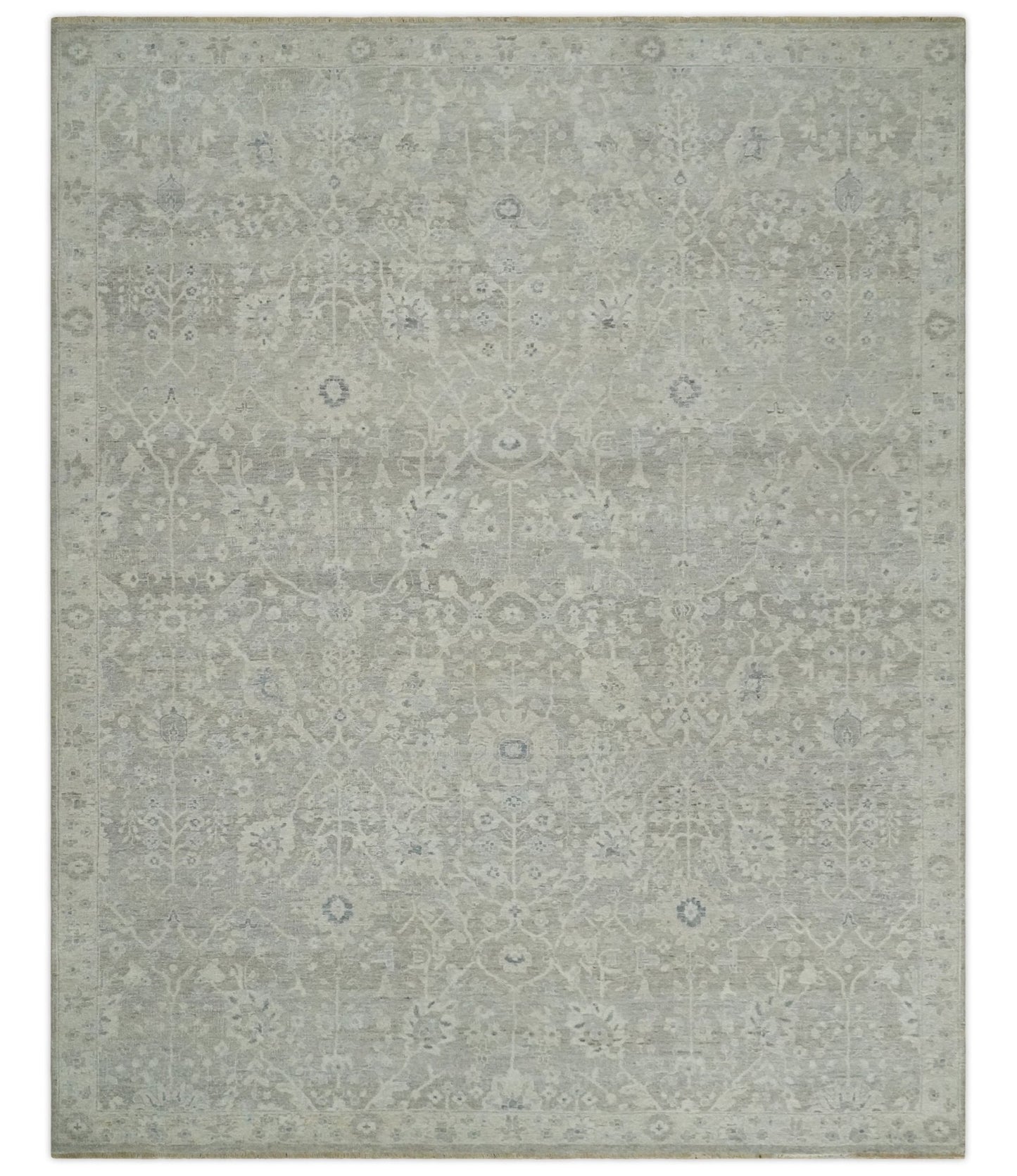 Beige and Silver Custom Made Antique Style Distressed Finished Low Pile wool Area Rug