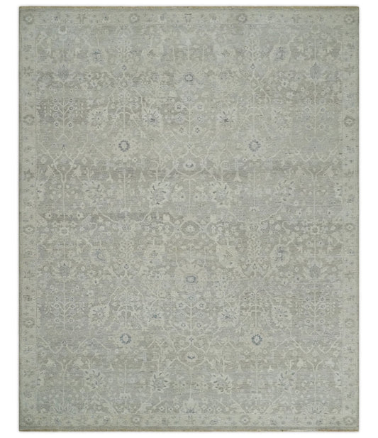 Beige and Silver Custom Made Antique Style Distressed Finished Low Pile wool Area Rug