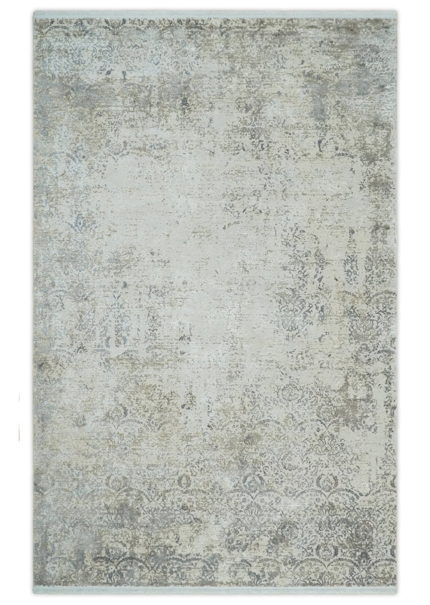 Beige, Brown and Silver Antique Finish Silk Area Rug