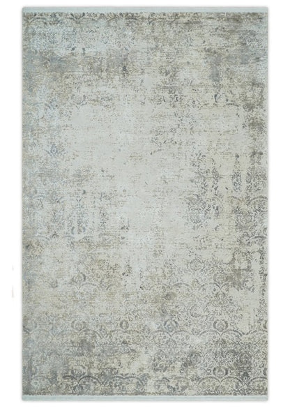 Beige, Brown and Silver Antique Finish Silk Area Rug