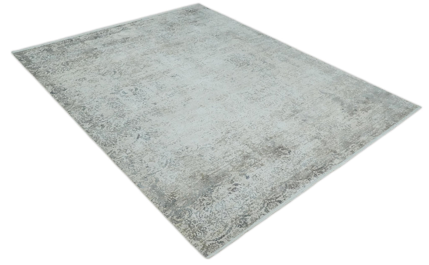 Beige, Brown and Silver Antique Finish Silk Area Rug