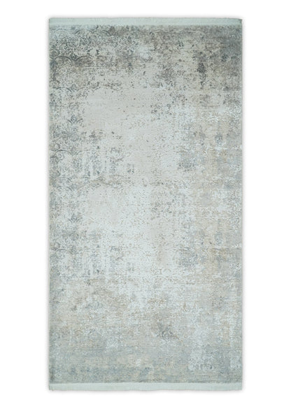 Beige, Brown and Silver Antique Finish Silk Area Rug