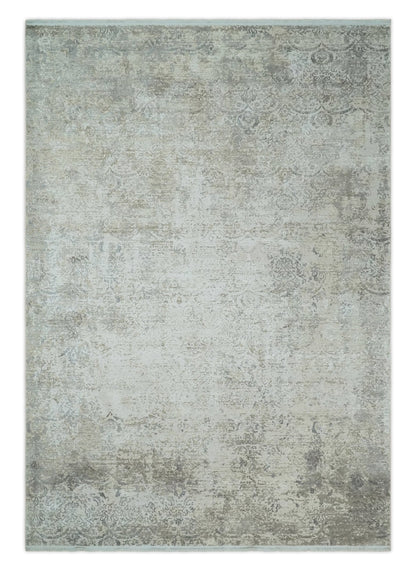 Beige, Brown and Silver Antique Finish Silk Area Rug