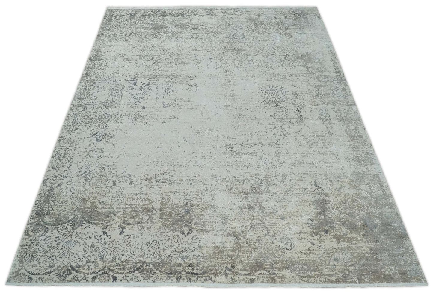 Beige, Brown and Silver Antique Finish Silk Area Rug