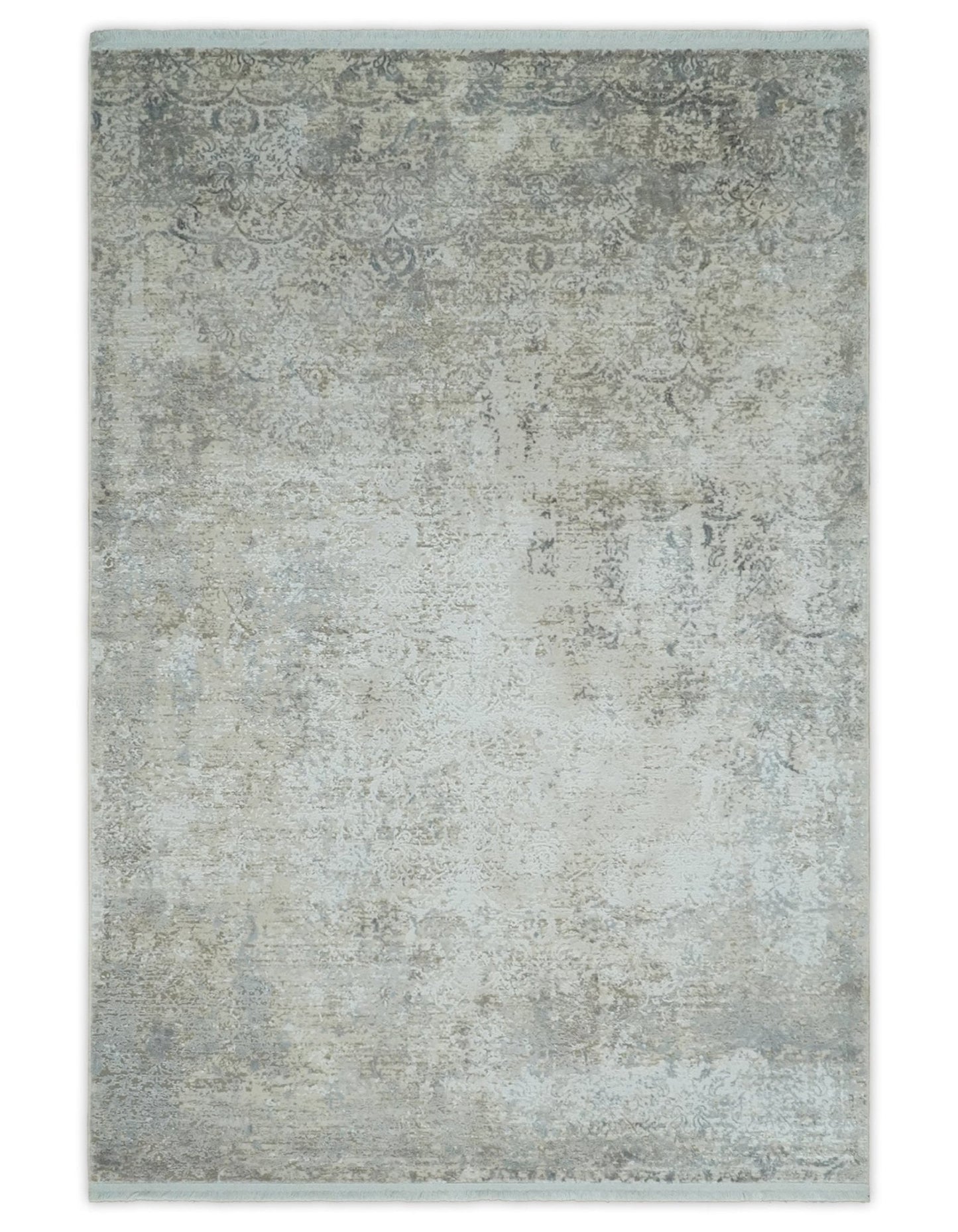 Beige, Brown and Silver Antique Finish Silk Area Rug