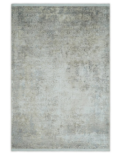 Beige, Brown and Silver Antique Finish Silk Area Rug