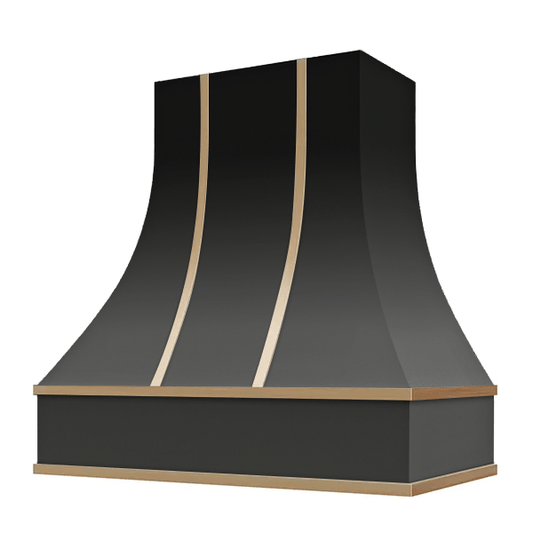 Riley & Higgs Black Range Hood With Curved Front, Brass Strapping and Block Trim - 30", 36", 42", 48", 54" and 60" Widths Available